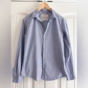 Frank & Eileen Women's Blue Striped Button Down Blouse Shirt Size L Pintuck Back